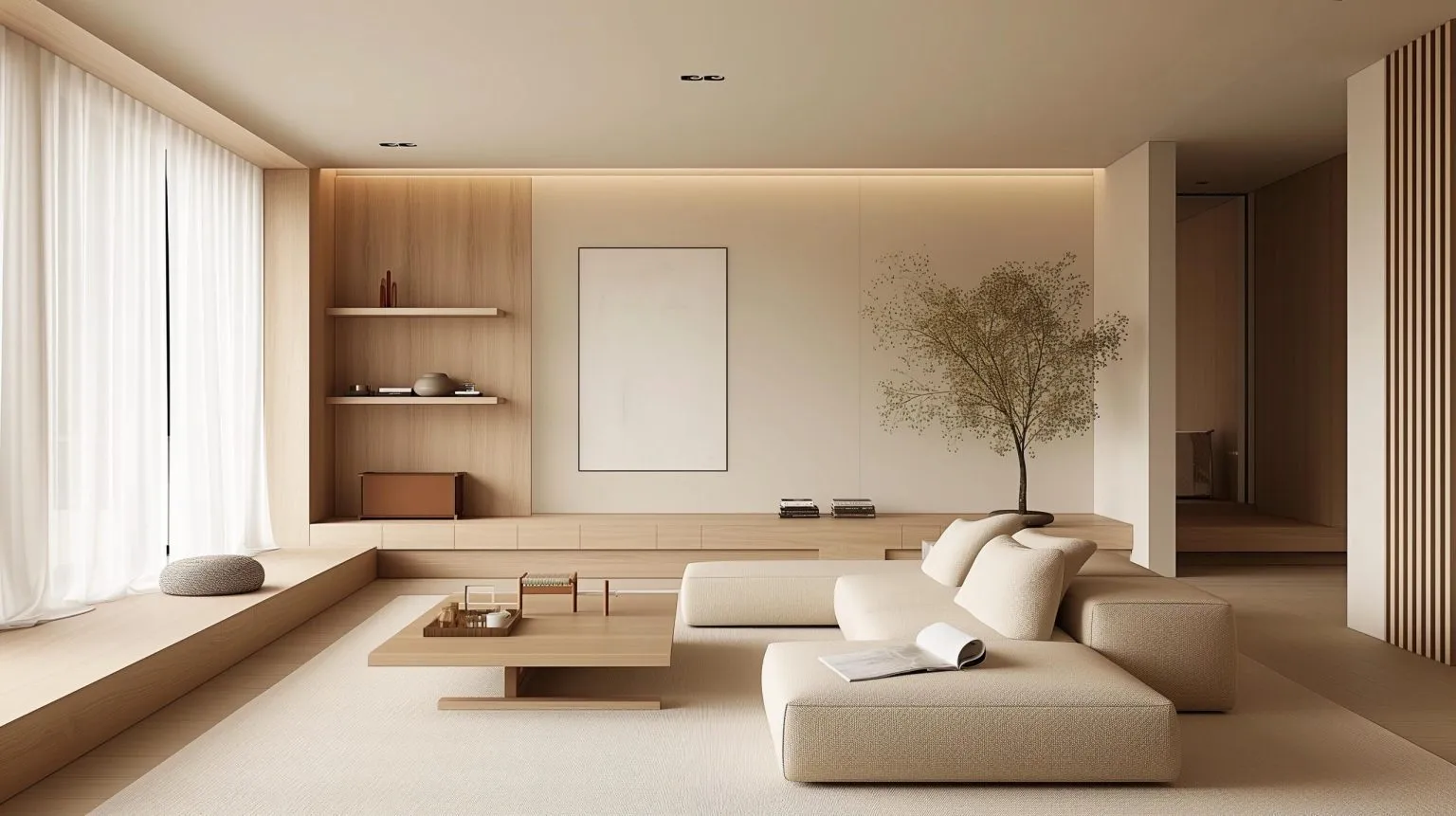 Living room decorated with warm wood tone wall panels from Fulin blog