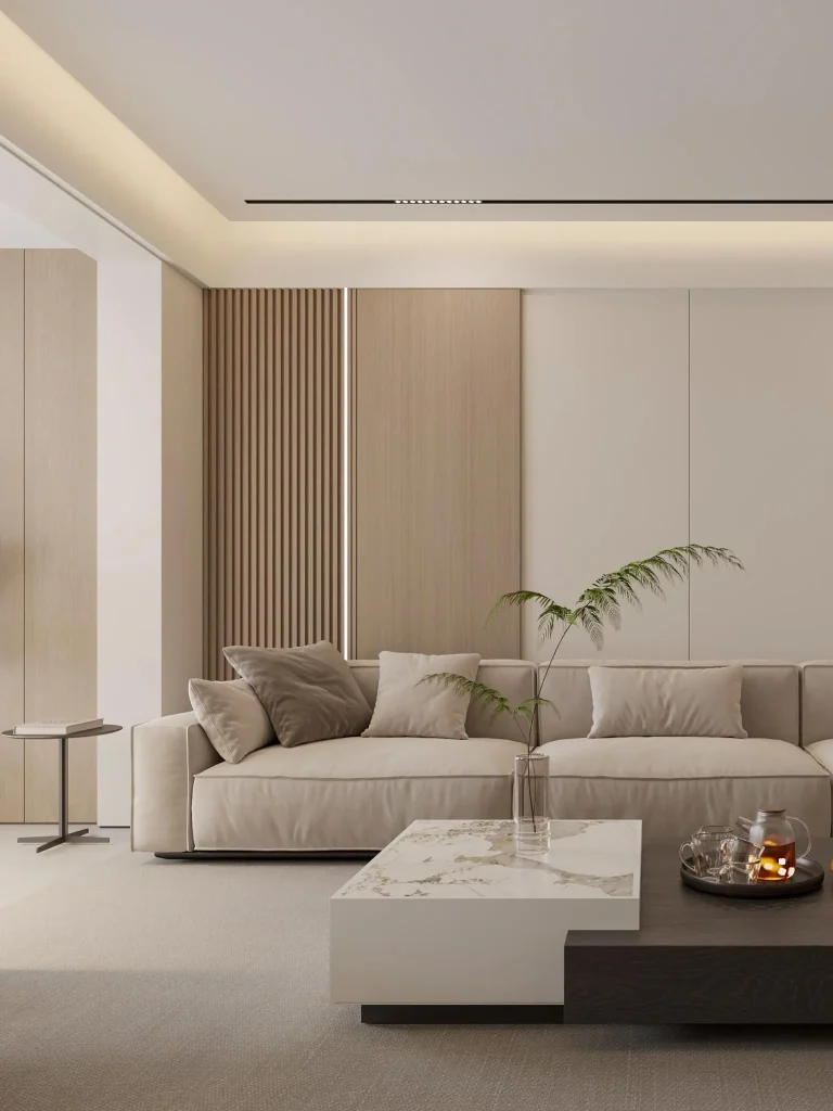 Wood veneer wall panels in a modern living room from Fulin blog